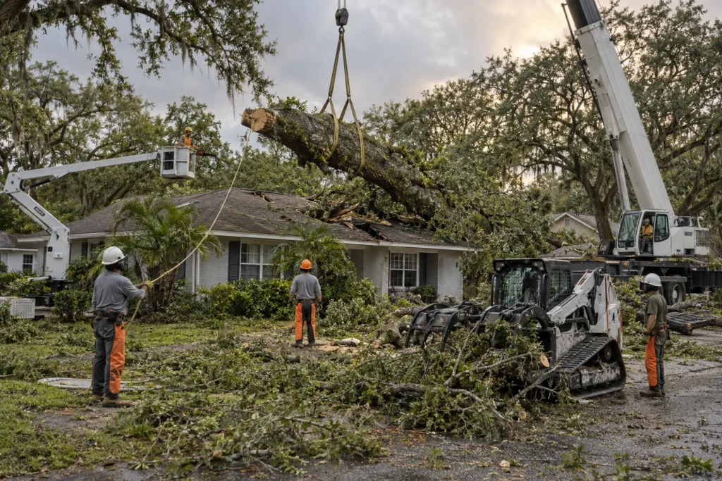 Illustrative storm cleanup scene: a crane lifts a fallen tree off a house while a crew in helmets and chaps works with a skid steer and boom lift.